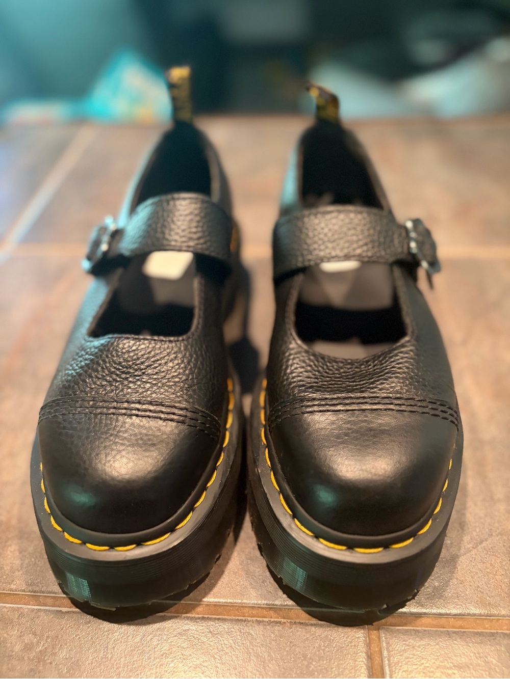 Dr. Martens Black Leather Mary Jane Clogs with Yellow Stitching- like new, sz 10